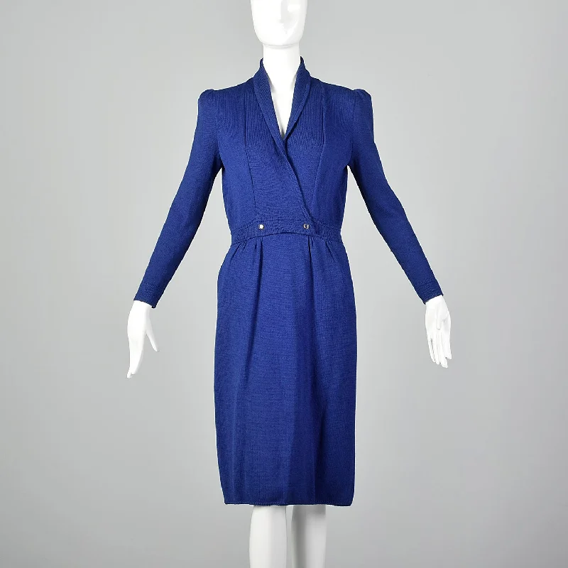 St. John 1980s Blue Faux Wrap Knit Dress