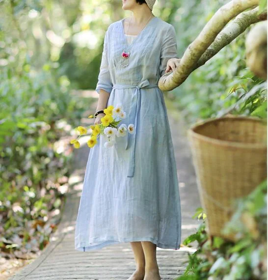 Summer Linen Women Dresses 3/4 Sleeves V Neck Dresses CH9515