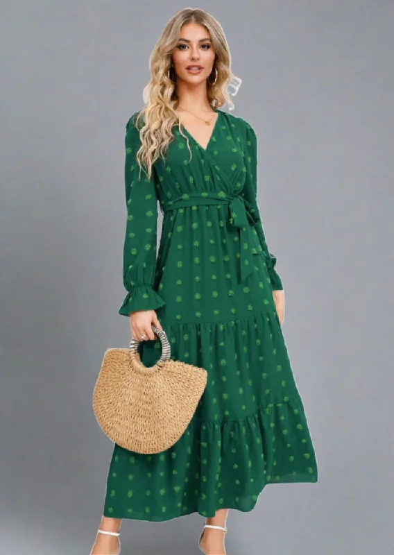 Swiss Dot Tied Surplice Flounce Sleeve Dress