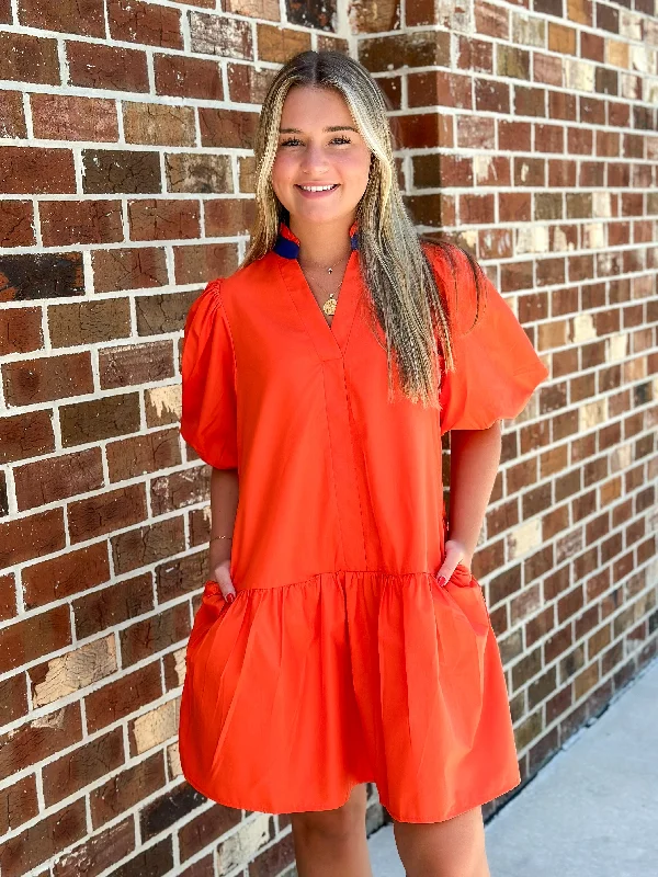 Puff Sleeve V-Neck Dress (Orange)