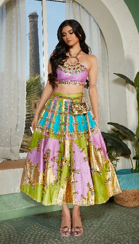 TWILIGHT- Tri-coloured panel embellished half lehenga set.