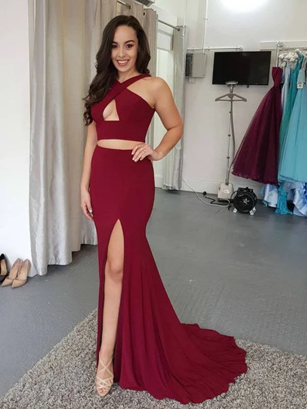 Two Piece Halter Mermaid Burgundy/Blue Prom Dresses with Side Slit, Mermaid Burgundy/Blue Formal Dresses