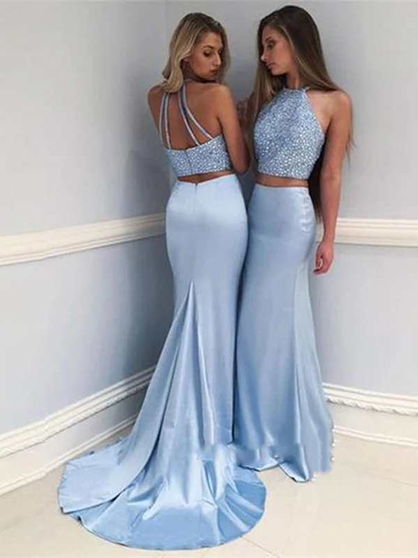 Two Pieces Mermaid Light Blue Prom Dress, Light Blue Formal Dress, Mermaid Evening Dress