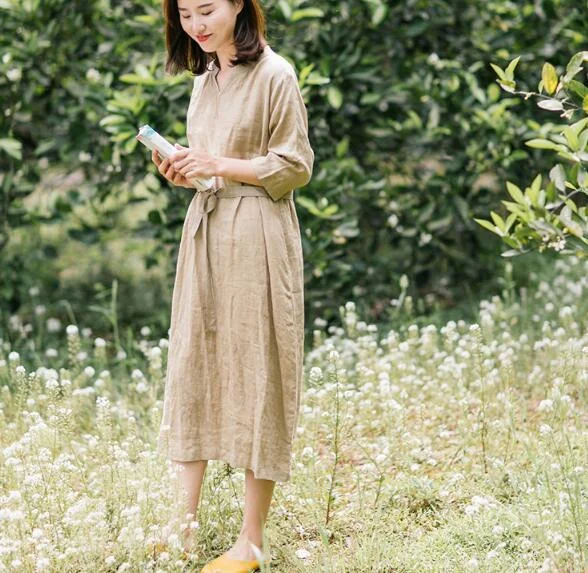 Khaki 100% Linen Women Dresses Half Sleeves Summer Women Dresses XH9527