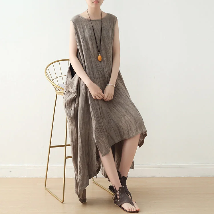 Khaki Linen Cotton Women Dresses Loose Fitting  Irregular Dresses Summer Casual Sleeveless Women Dresses AMT962210