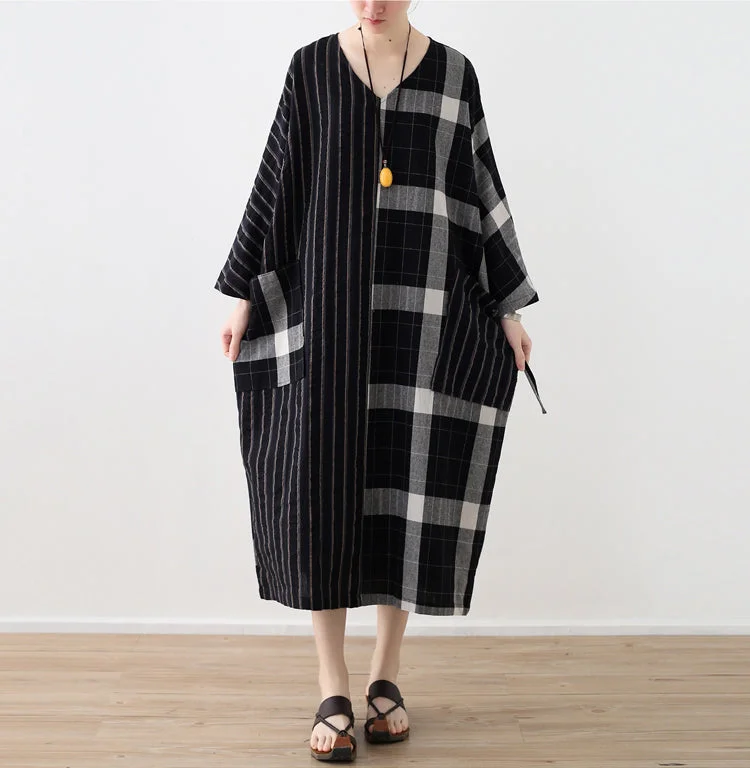 Plaid Stripe Patchwork V Neck Loose Dresses AMT962212