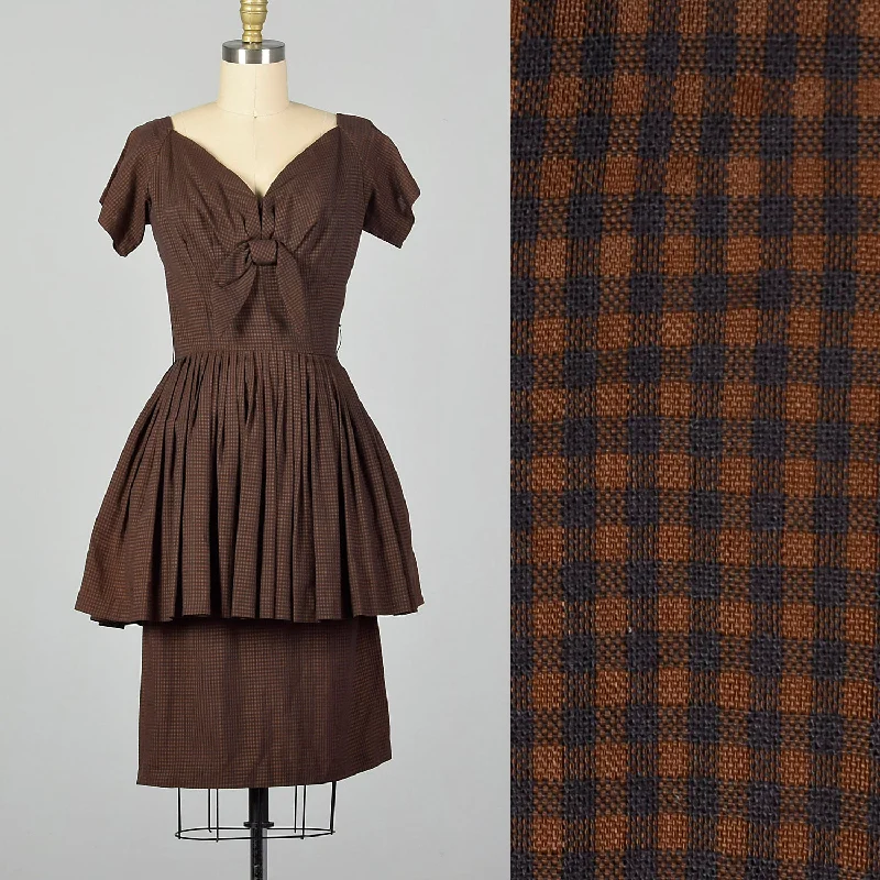 XS 1950s Brown and Black Gingham Dress