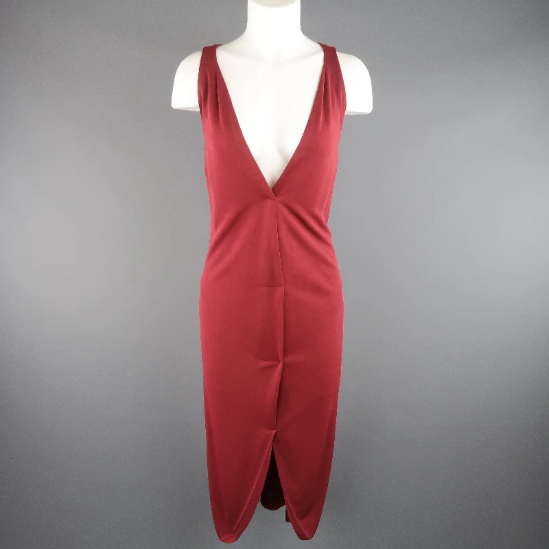 YVES SAINT LAURENT Size 14 Burgundy Viscose Blend V Neck Shift Dress