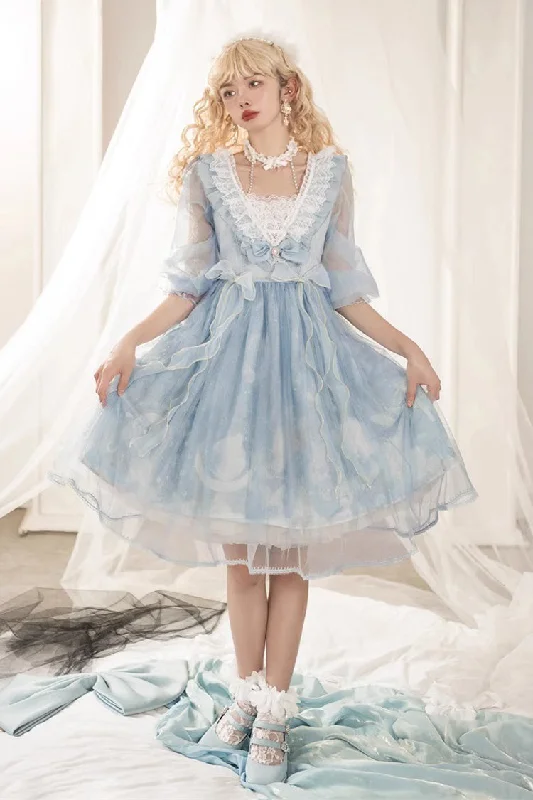 Blue High Waisted Planet Butterfly Print Ruffle Lace Sweet Lolita Dress