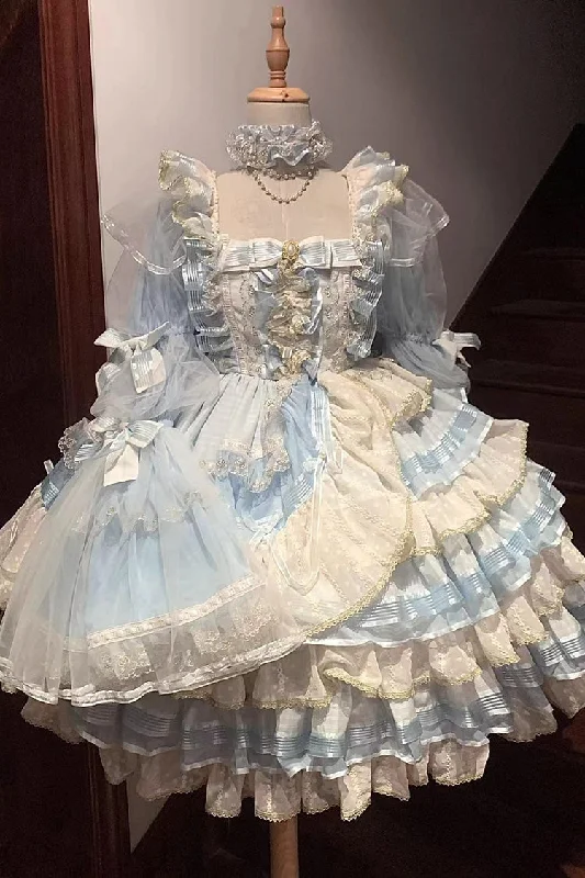 Blue Multi-Layered Ruffle Hanayome Bowknot Lace Sweet Princess Lolita Dress