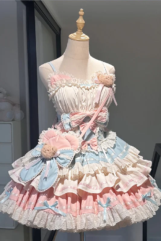 Blue/Pink [First Love Bear] Multi-Layered Ruffle Bowknot Lace Sweet Lolita Jsk Dress