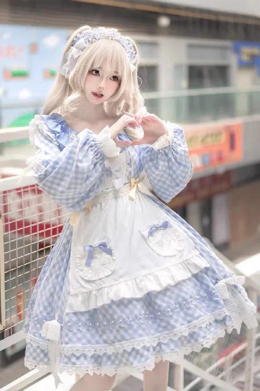 Blue Plaid Print Long Sleeves Bowknot Lace Sweet Lolita Dress