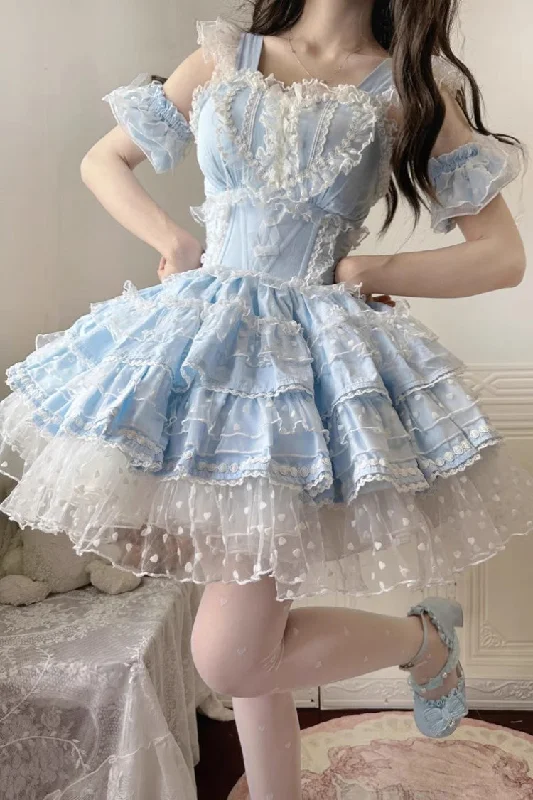 Blue Pray for Dopamine Multi-layer Ruffle Lace Sweet Lolita Jsk Dress