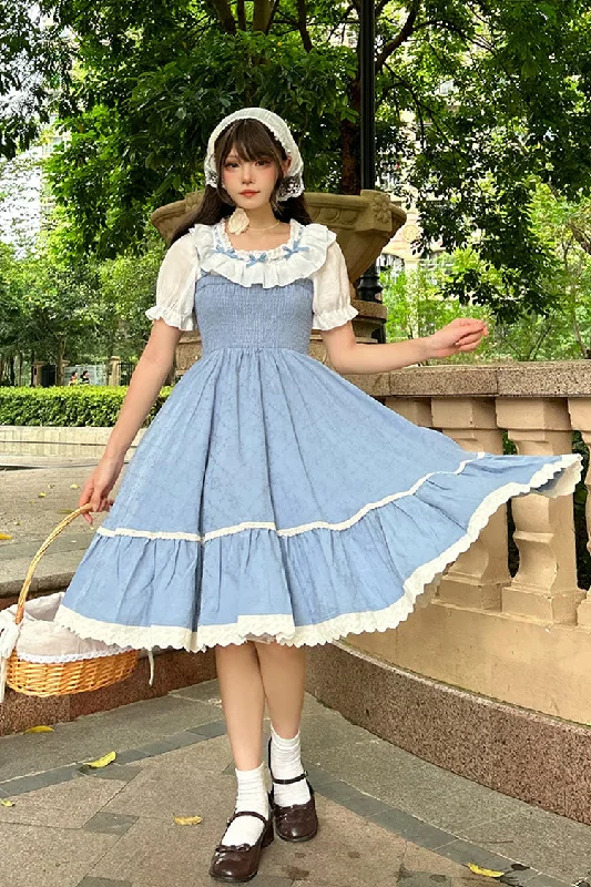 Blue Print Ruffle Stitching Lace Sweet Lolita Strap Dress Set