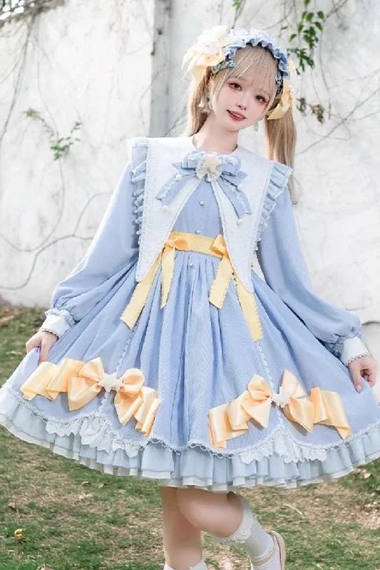 Blue Sleeping Star Long Sleeves Ruffle Bowknot Lace Stitching Sweet Lolita Dress