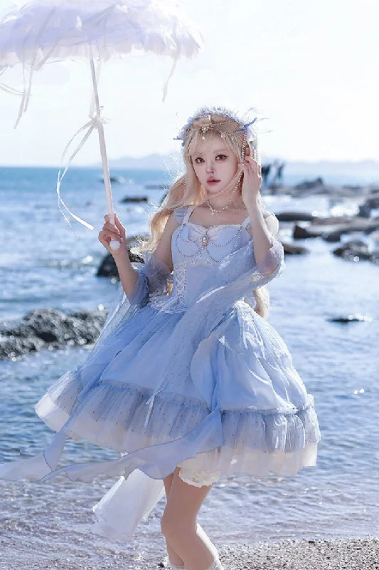 Blue The Moon Goddess's Song Multi-layer Ruffle Lace-Up Sweet Elegant Lolita Jsk Dress