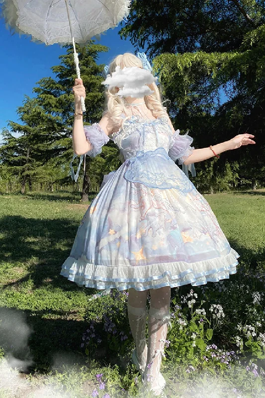 Blue [Walking In The Clouds] Print Ruffle Bowknot Lace Sweet Lolita Jsk Dress Full Set