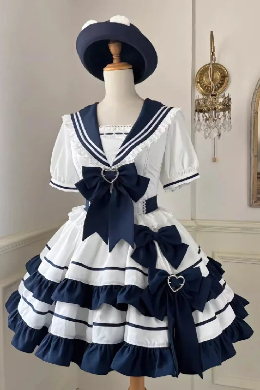 Dark Blue Navy Style Short Sleeves Double Layer Ruffle Bowknot Lace Sweet Lolita Dress