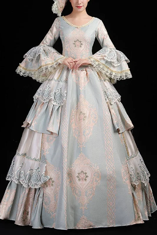 Light Blue Hime Sleeves High Waisted Round Collar Lace Stitching Hollow Embroidery Flower Print Victorian Lolita Prom Dress