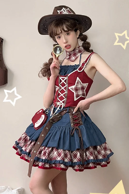 Red/Blue [Apple Trap] Triple-Layered Print Ruffle Lace-Up Sweet Lolita Jsk Dress Two-piece Set