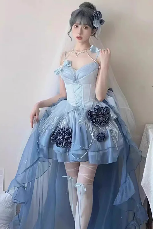 Sky Blue [Swan Wonderland] Embroidery Bowknot Lace-Up Sweet Ballet Lolita Jsk Dress Short Version