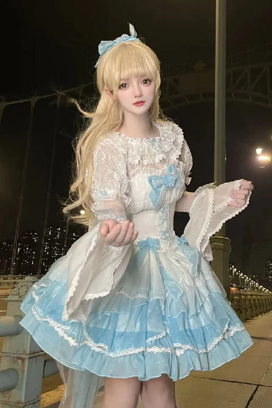 White/Blue Gradient Multi-layer Ruffle Bowknot Lace Sweet Lolita Jsk Dress