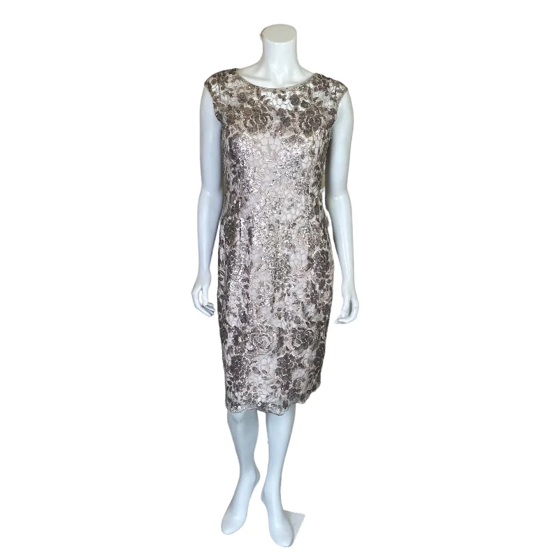 Adrianna Papell | Women's Champagne and Cream Lace Overlay Short Sleeve Dress | Size: 6