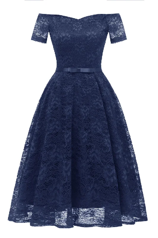 Dark Navy Off-the-shoulder Lace Prom Dress With Sleeves