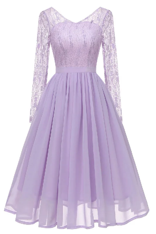 Lavender V-neck Lace A-line Prom Dress With Long Sleeves