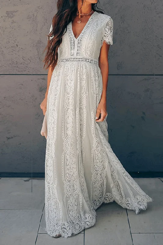 White Chic V-neck Lace Long Dress