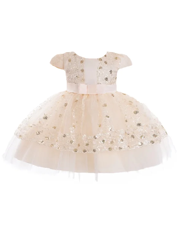 Baby Girls Champagne Sequin Embroidery Cape Sleeve Flower Girl Dress 6-24 Months