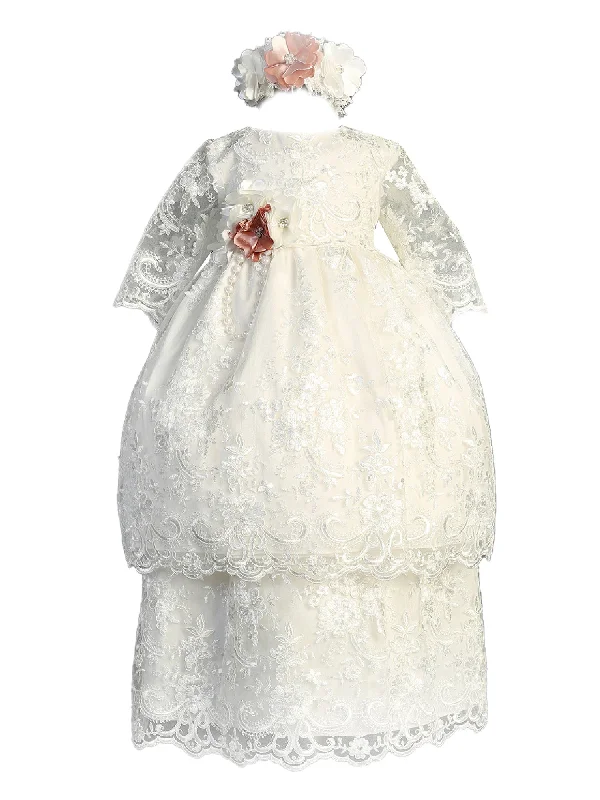 Baby Girls Ivory Sequin Flower Lace Tunic Overlay Headband Baptism Gown S-L