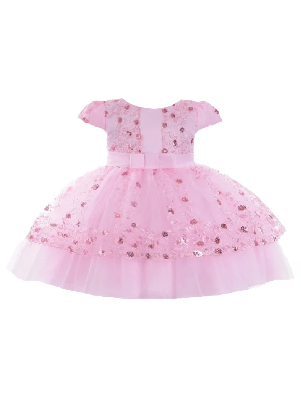 Baby Girls Pink Sequin Embroidery Cape Sleeve Flower Girl Dress 6-24 Months