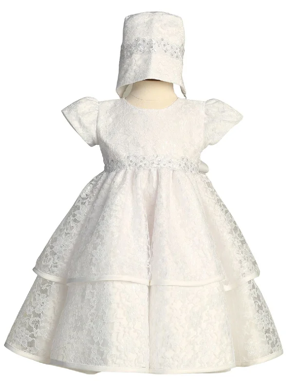 Baby Girls White Lace Embroidered Sequin Organza Trim Bonnet Tiffany Baptism Gown 0-18M