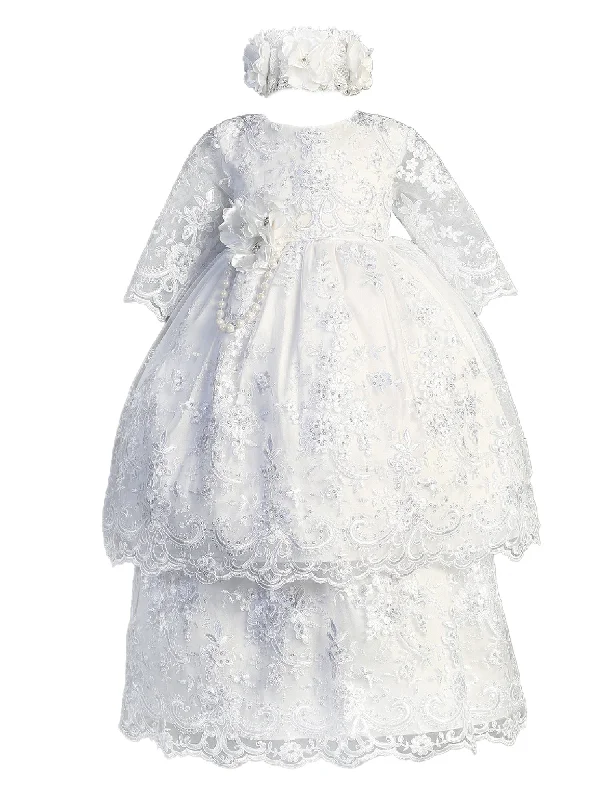 Baby Girls White Sequin Flower Lace Tunic Overlay Headband Baptism Gown S-L