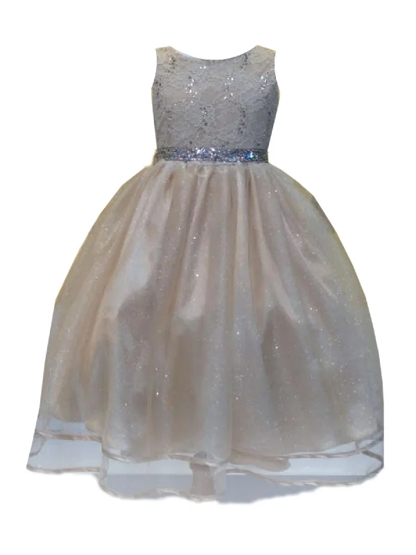 Big Girls Champagne Lace Sequin Belt Glitter Tulle Junior Bridesmaid Dress 8-16