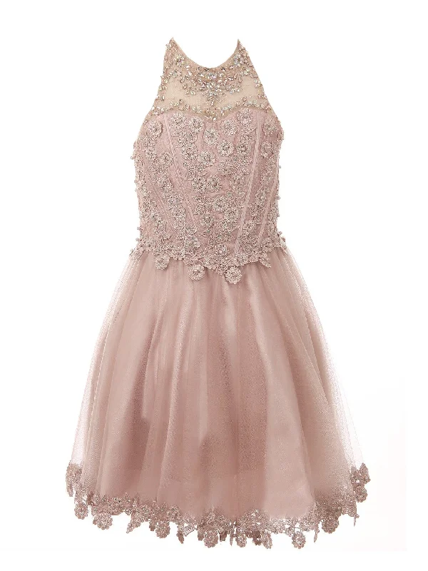 Big Girls Dusty Rose Halter Neck Rhinestone Sequin Junior Bridesmaid Dress 8-16