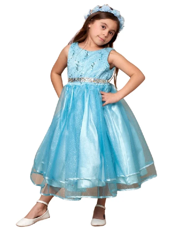 Big Girls Light Blue Lace Sequin Belt Glitter Tulle Junior Bridesmaid Dress 8-16