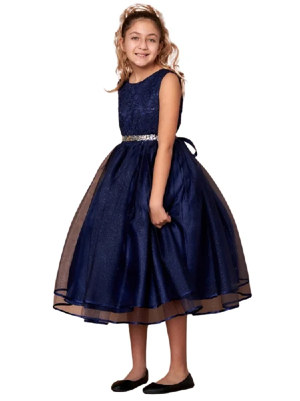 Big Girls Navy Lace Sequin Belt Glitter Tulle Junior Bridesmaid Dress 8-16