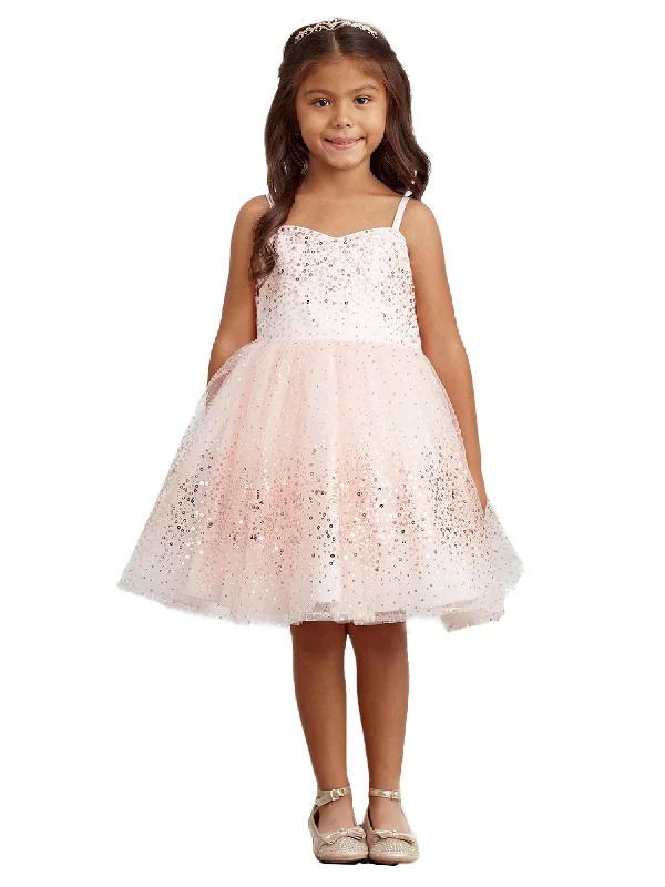 Big Girls Rose Gold Spaghetti Strap Sequin Tulle Junior Bridesmaid Dress 8-12