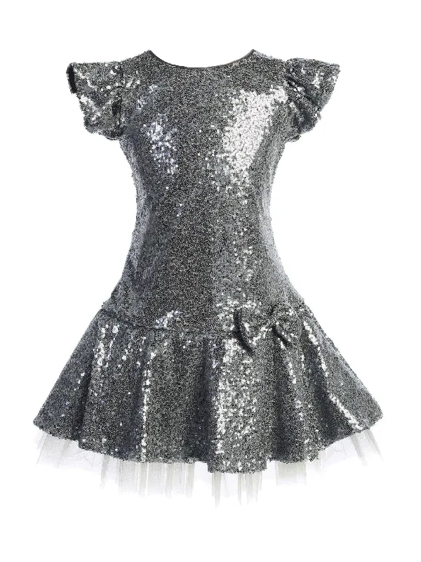 Big Girls Silver Sequin Ruffle Tutu Junior Bridesmaid Dress 8-12