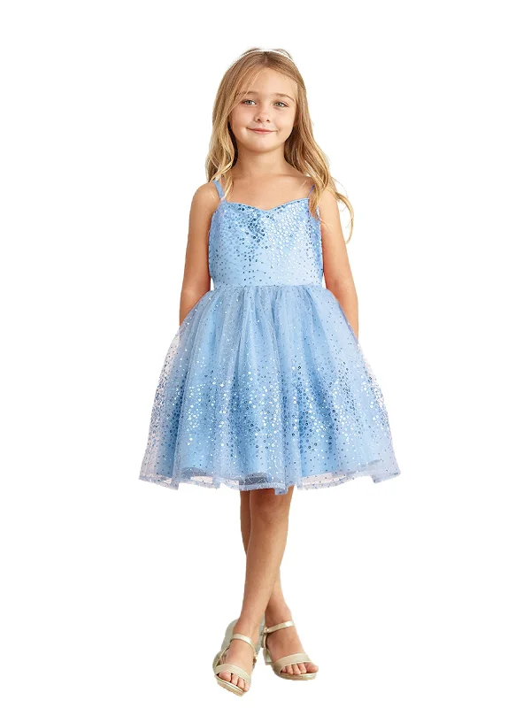 Big Girls Sky Blue Spaghetti Strap Sequin Tulle Junior Bridesmaid Dress 8-12