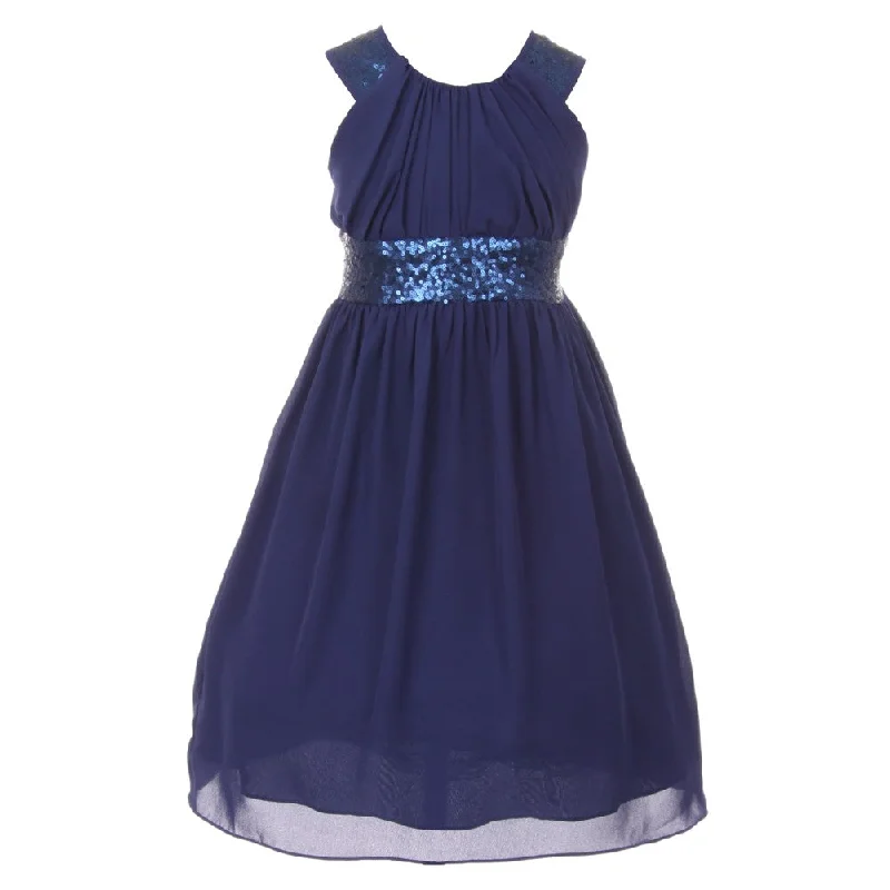 Big Girls Navy Dazzling Sequin Pleated Dress 8-14