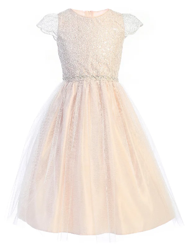 Girls Blush Cord Sequin Embroidered Lace Tulle Junior Bridesmaid Dress 7-16