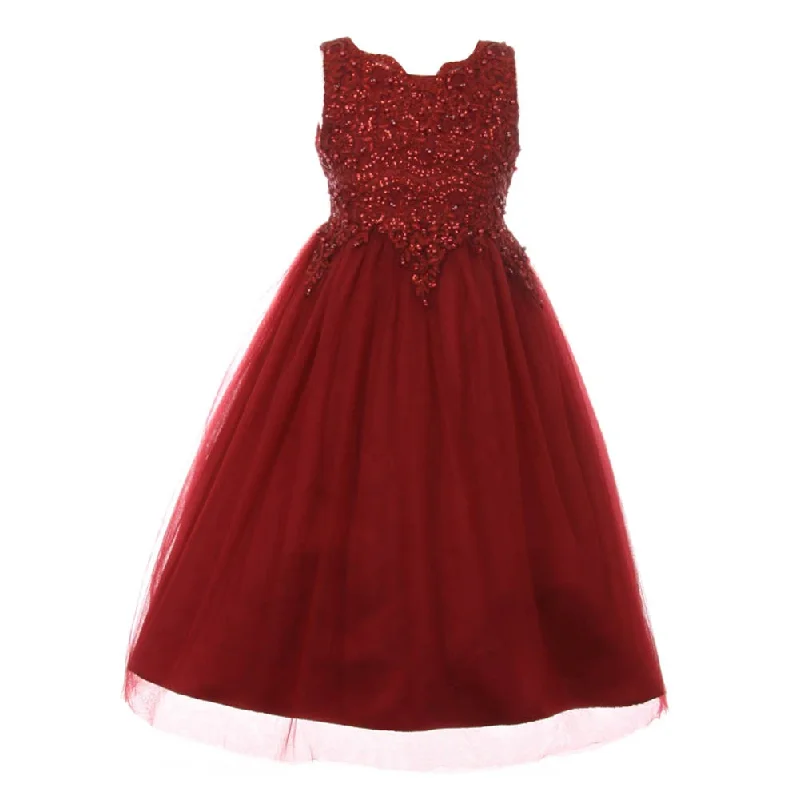 Girls Burgundy Pearl Sequin Tulle Satin Junior Bridesmaid Dress, Sizes 2-16