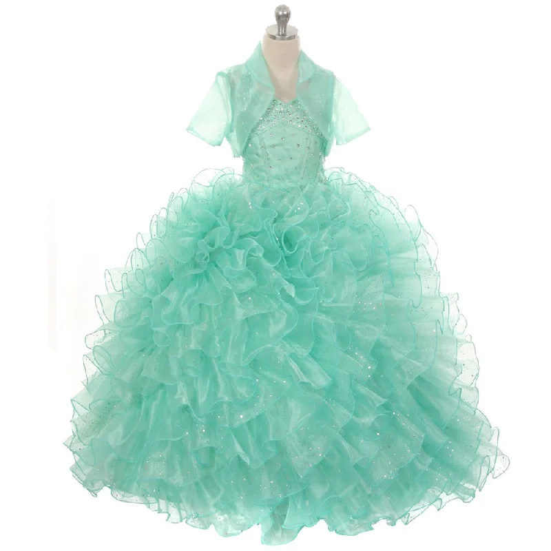 Girls Mint Sequin Sparkly Ruffle Bolero Pageant Dress, Sizes 8-14