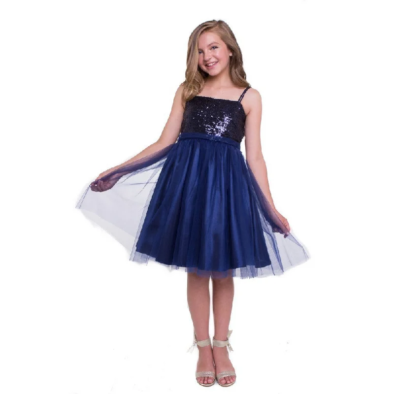 Girls Navy Sequined Top Tulle Junior Bridesmaid Dress, Sizes 8-12