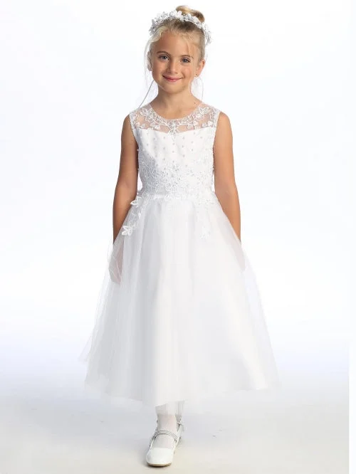 Girls Pearl Sequin Embroidered Tulle Tea Length Communion Dress 6-12