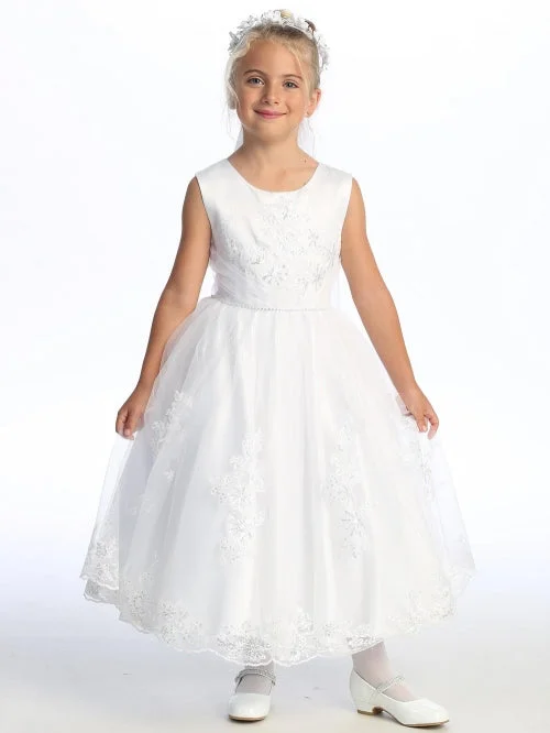 Girls Rhinestone Waist Trim Sequin Embroidered Tulle Satin Communion Dress 6-12