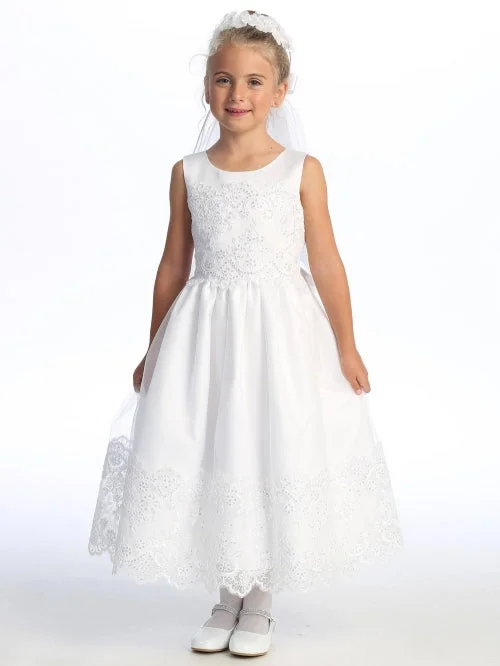 Girls Sequin Cordered Embroidered Tulle Overlay Communion Dress 6-12